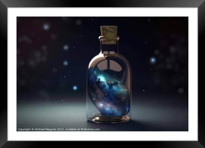 The universe in a glass bottle created with generative AI techno Framed Mounted Print by Michael Piepgras
