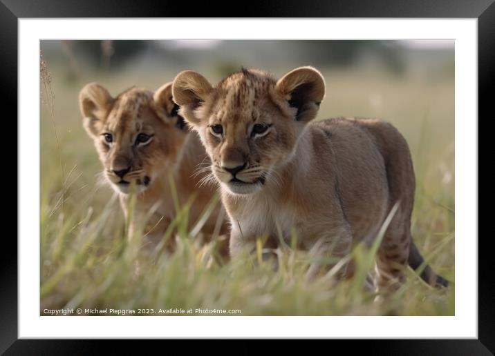 Two cute lion cubs playing in the flat grass of the savannah cre Framed Mounted Print by Michael Piepgras