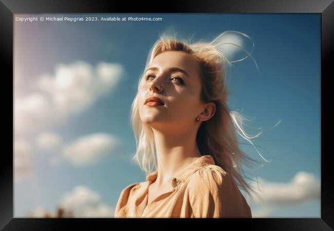 A beautiful portrait of a blonde young woman with a sunny sky ba Framed Print by Michael Piepgras
