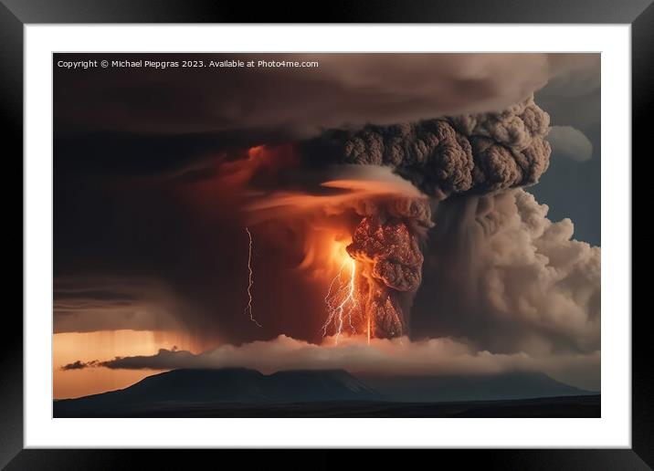 A big volcano erupts with a dark ash cloud in the sky with light Framed Mounted Print by Michael Piepgras