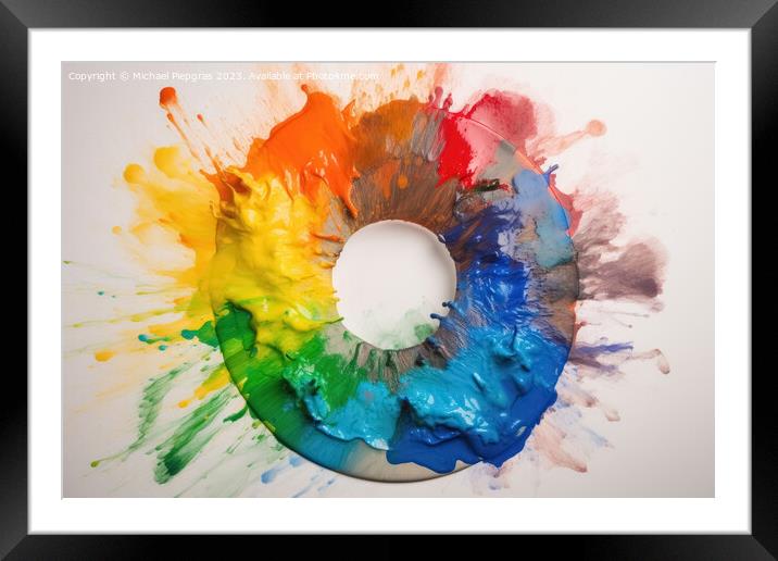 A color Wheel with goethe colors exploding in colorful powder on Framed Mounted Print by Michael Piepgras