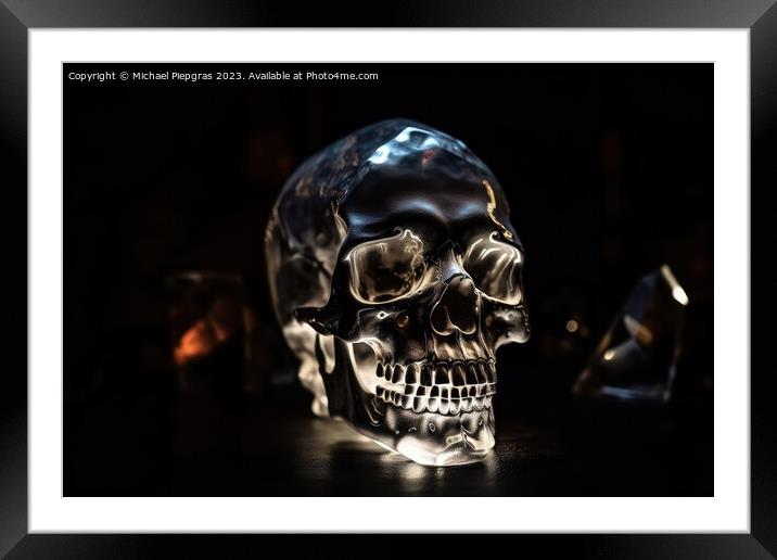 A crystal skull in a dark cave created with generative AI techno Framed Mounted Print by Michael Piepgras