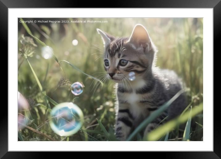 A cute kitten plays with soap bubbles in the flat grass created  Framed Mounted Print by Michael Piepgras