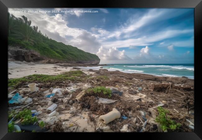 A lot of plastic waste on a tropical dream beach created with ge Framed Print by Michael Piepgras