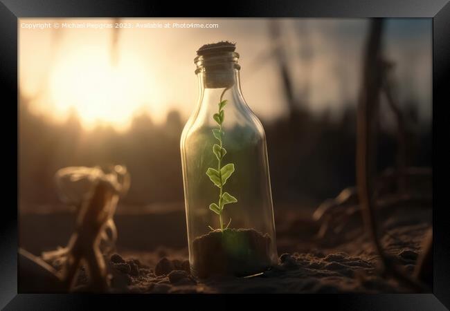 A single green seedling in a glass bottle on an apocalyptic dry  Framed Print by Michael Piepgras