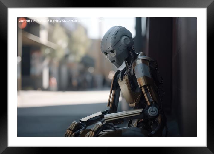 A homeless AI robot sitting on a street corner begging for a few Framed Mounted Print by Michael Piepgras