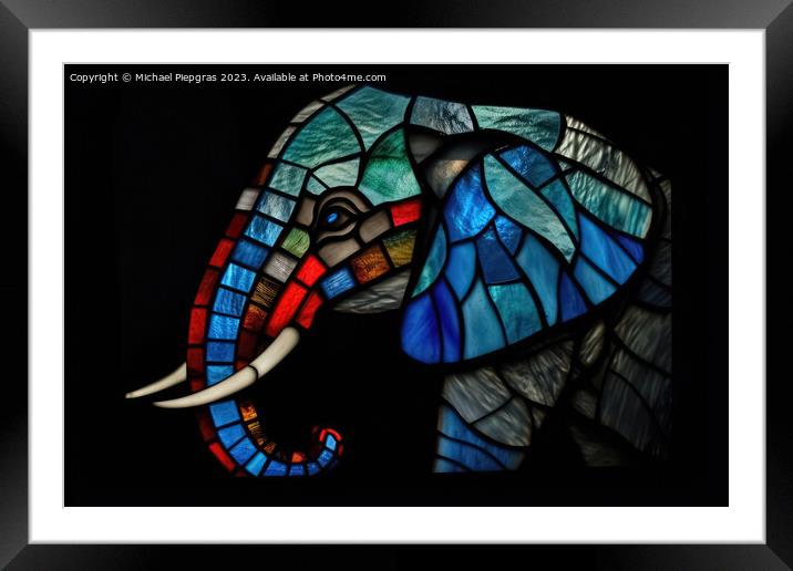 An elephant made of stained glas on a dark background created wi Framed Mounted Print by Michael Piepgras