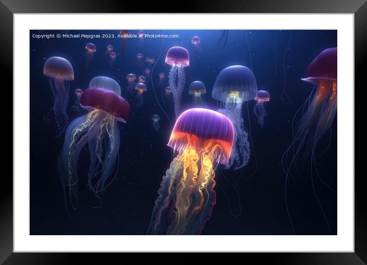 Multiple brightly coloured jellyfish in the depths of the ocean  Framed Mounted Print by Michael Piepgras