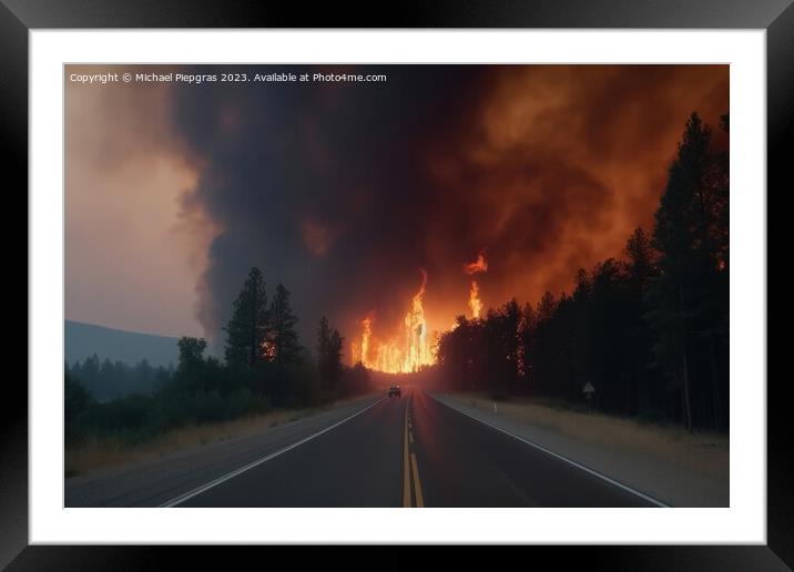 A devastating forest fire as seen from the road created with gen Framed Mounted Print by Michael Piepgras