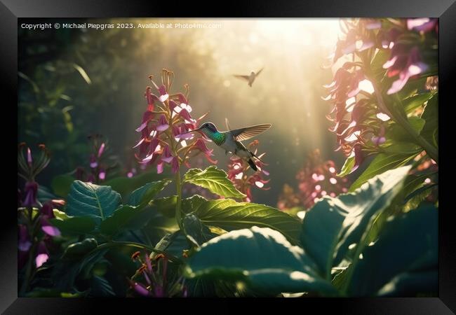 Several hummingbirds buzzing around flowers in a jungle created  Framed Print by Michael Piepgras