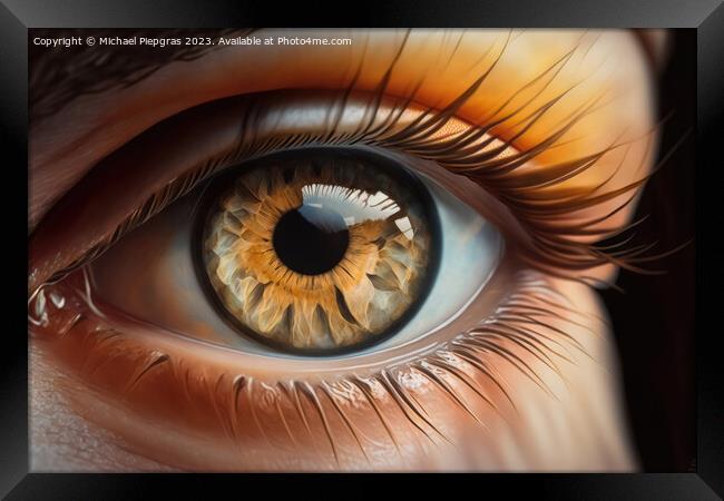 Close up of a female eye in steampunk style created with generat Framed Print by Michael Piepgras