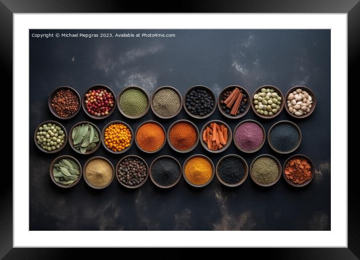 View from above of numerous spices in small bowls on a dark slat Framed Mounted Print by Michael Piepgras