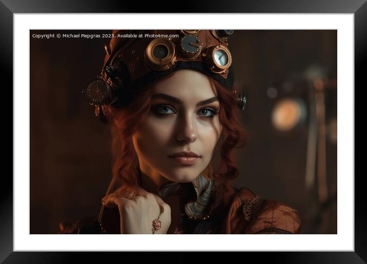 A beautiful portrait of a young woman in a steampunk outfit crea Framed Mounted Print by Michael Piepgras