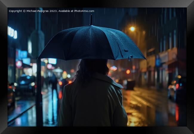 A young woman with an umbrella seen from behind walks in a moder Framed Print by Michael Piepgras