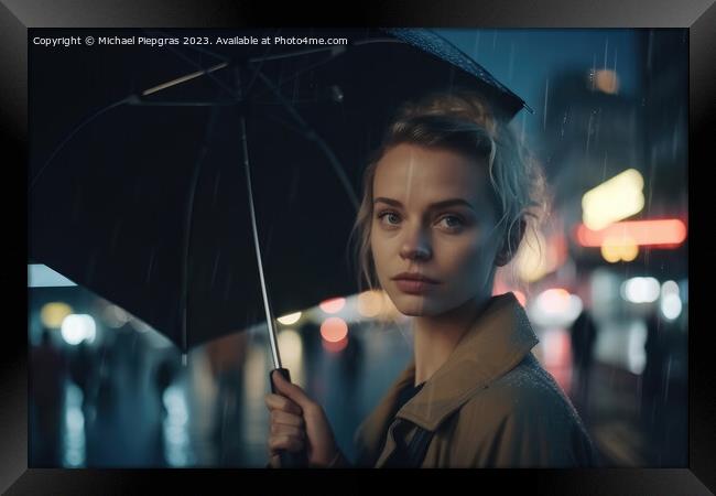 A young woman with an umbrella seen from behind walks in a moder Framed Print by Michael Piepgras