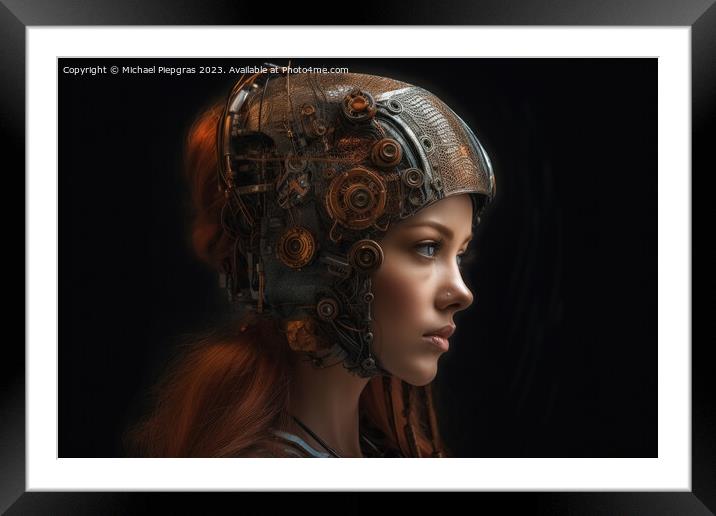 A female human cyborg portrait 1000 years in the future created  Framed Mounted Print by Michael Piepgras