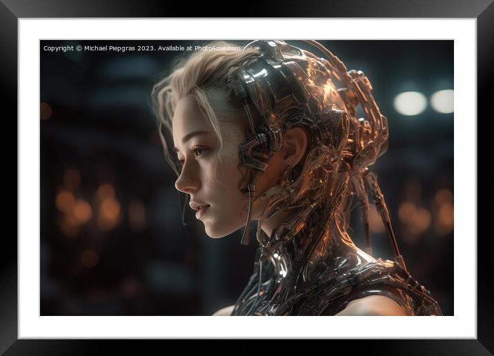 A female human cyborg portrait 1000 years in the future created  Framed Mounted Print by Michael Piepgras