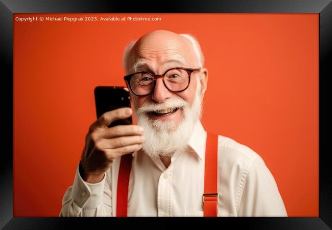 A happy retired old man holding a smartphone in his hands create Framed Print by Michael Piepgras