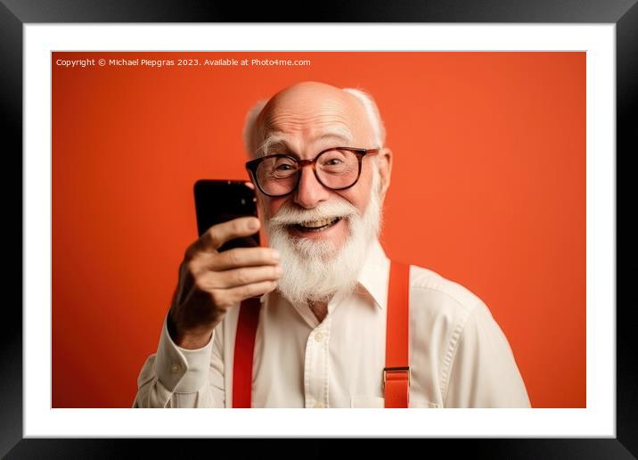 A happy retired old man holding a smartphone in his hands create Framed Mounted Print by Michael Piepgras