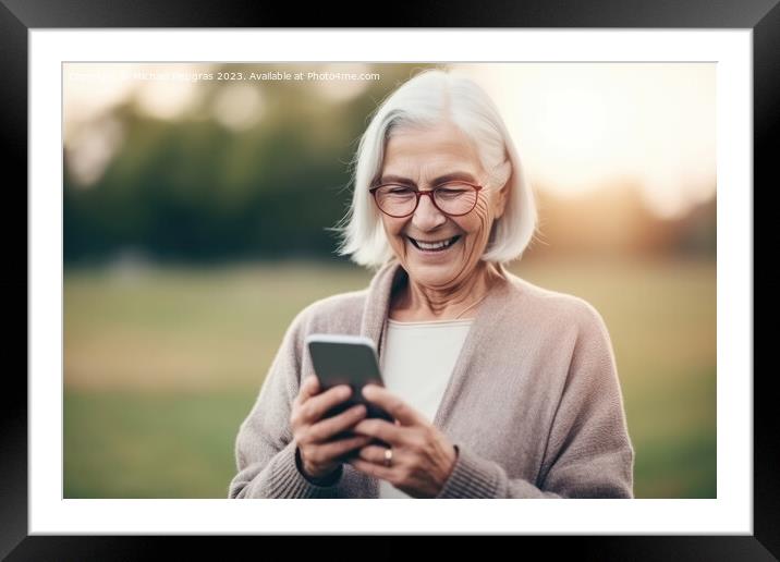 A happy retired old woman holding a smartphone in her hands crea Framed Mounted Print by Michael Piepgras