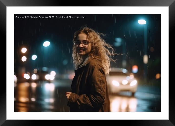 A happy woman runs around dancing at night in a modern city crea Framed Mounted Print by Michael Piepgras