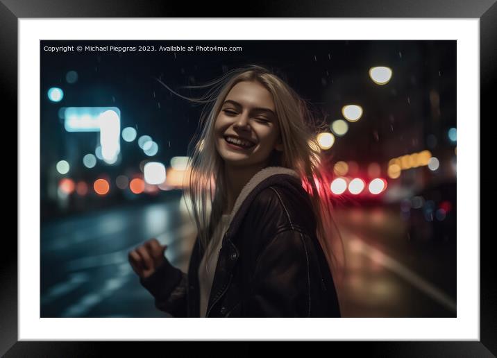 A happy woman runs around dancing at night in a modern city crea Framed Mounted Print by Michael Piepgras