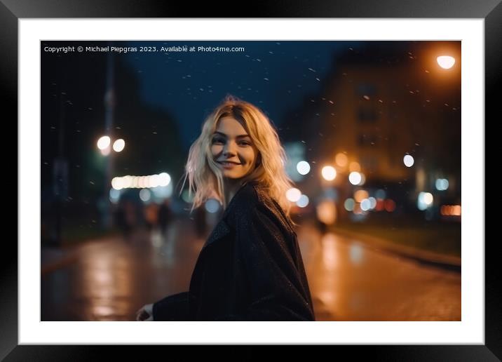 A happy woman runs around dancing at night in a modern city crea Framed Mounted Print by Michael Piepgras