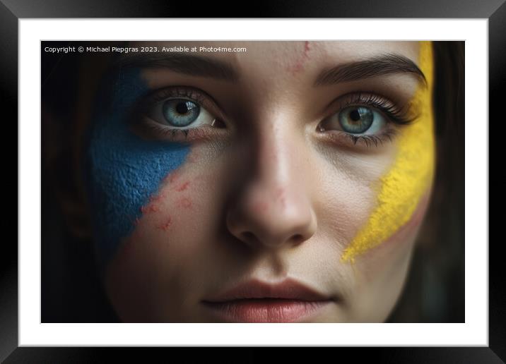 Close up of a female face with ukrainian colors created with gen Framed Mounted Print by Michael Piepgras