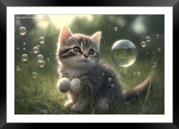 A cute kitten plays with soap bubbles in the flat grass created with generative AI technology. Framed Mounted Print by Michael Piepgras