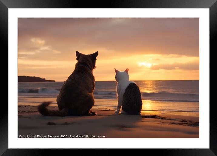 A dog and a cat seen from behind on the beach look dreamily into Framed Mounted Print by Michael Piepgras