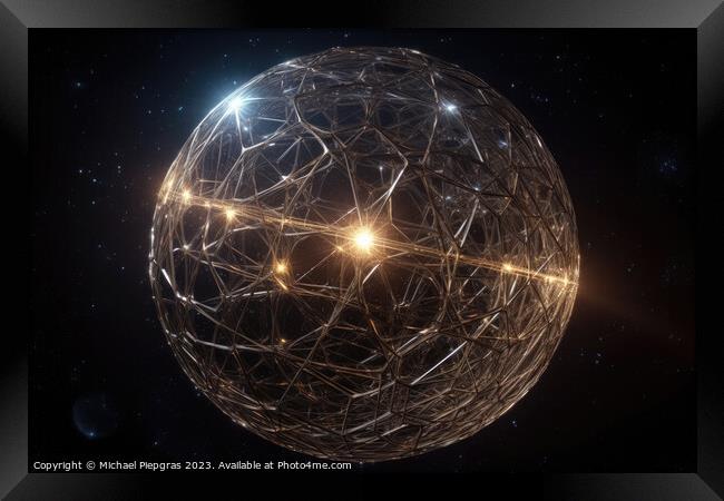 Dyson Sphere in space spans a star created with generative AI te Framed Print by Michael Piepgras