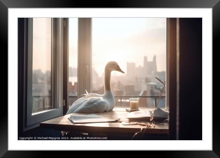 A goose with white feathers works hard at a desk in the office c Framed Mounted Print by Michael Piepgras