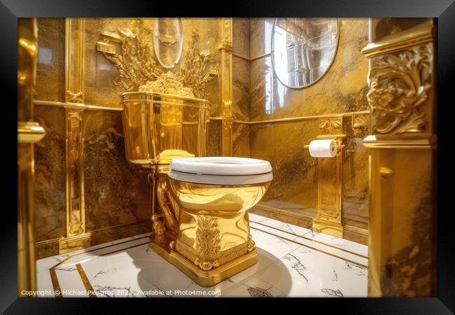 A luxurious toilet made of pure gold created with generative AI  Framed Print by Michael Piepgras