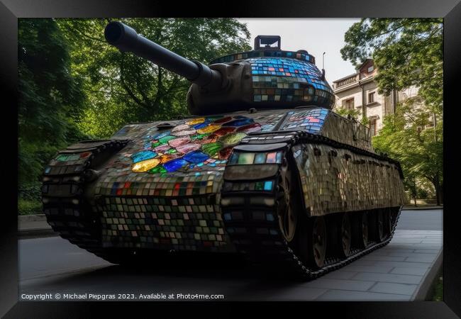 A military tank made of stained glas on a road created with gene Framed Print by Michael Piepgras