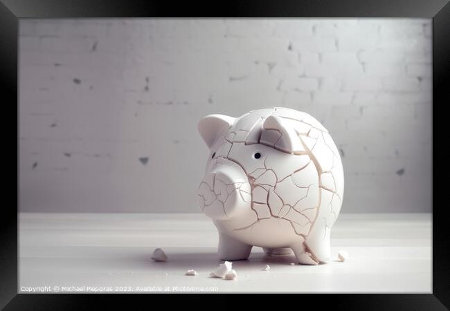A sad piggy bank with cracks and a plaster indicates insolvency  Framed Print by Michael Piepgras