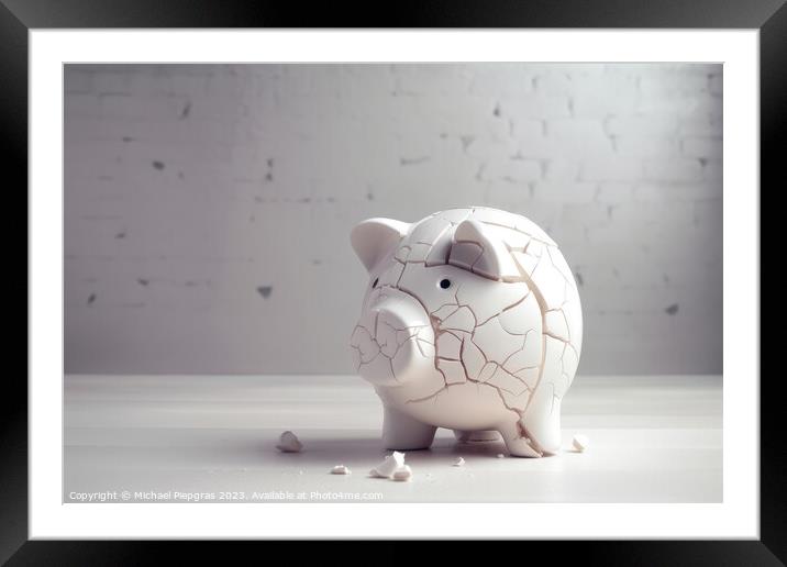 A sad piggy bank with cracks and a plaster indicates insolvency  Framed Mounted Print by Michael Piepgras