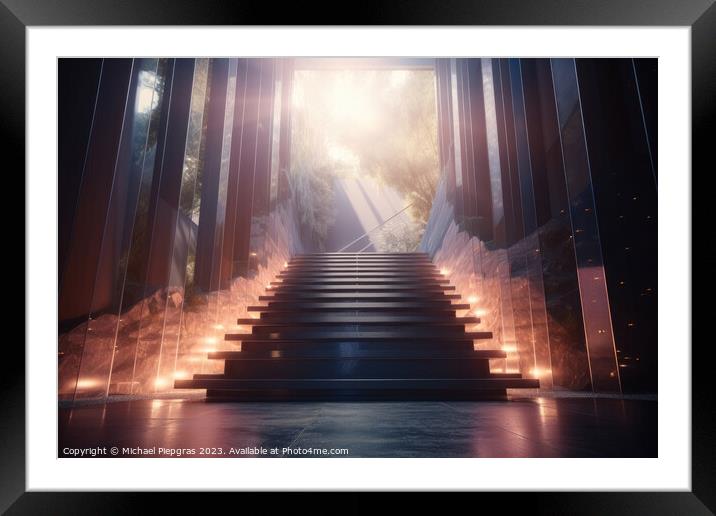 A staircase straight to heaven created with generative AI techno Framed Mounted Print by Michael Piepgras