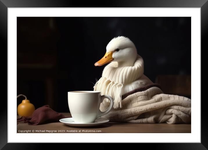 A white duck wearing a scarf and having a coffee created with ge Framed Mounted Print by Michael Piepgras