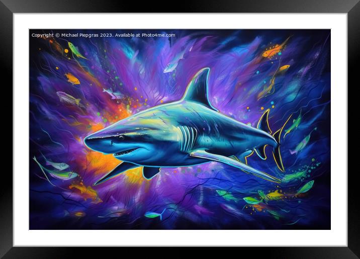 Blacklight Painting of a shark in the Ocean created with generative AI technology. Framed Mounted Print by Michael Piepgras