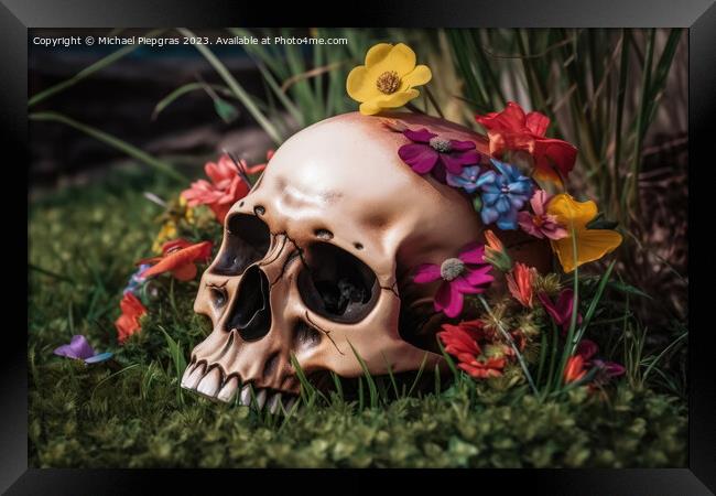 Colorful flowers growing out of a skull some grass on the ground Framed Print by Michael Piepgras