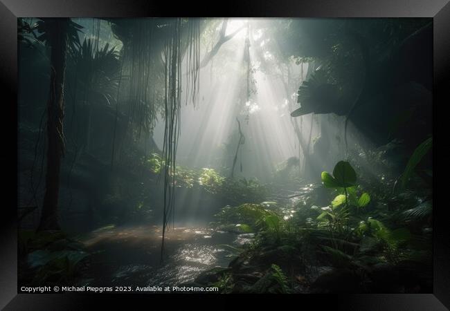 Jungle with light rays coming from above created with generative Framed Print by Michael Piepgras