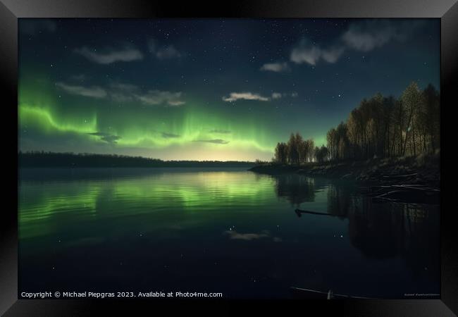 Auroras in green colour and stars over a lake with reflections o Framed Print by Michael Piepgras