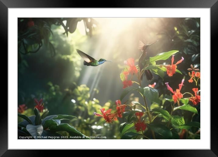 Several hummingbirds buzzing around flowers in a jungle created  Framed Mounted Print by Michael Piepgras
