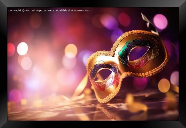 Venetian carnival mask with shiny lights and a defocused bokeh c Framed Print by Michael Piepgras