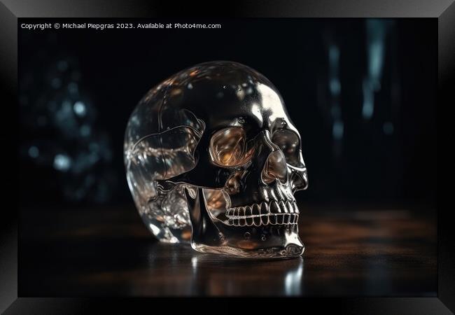 A crystal skull in a dark cave created with generative AI techno Framed Print by Michael Piepgras