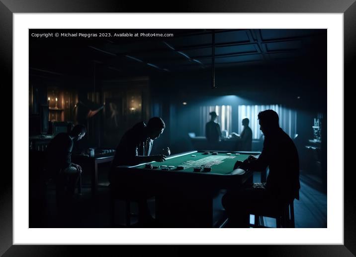 A dark room with the silhouettes of people gambling created with Framed Mounted Print by Michael Piepgras