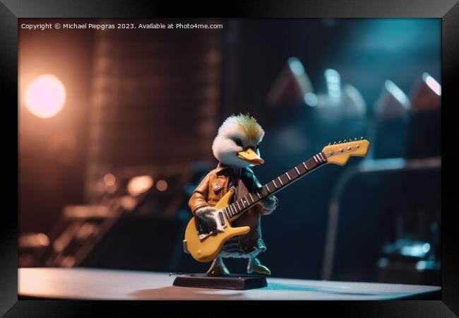 A duck plays rock music on an electric guitar with its wing on a Framed Print by Michael Piepgras