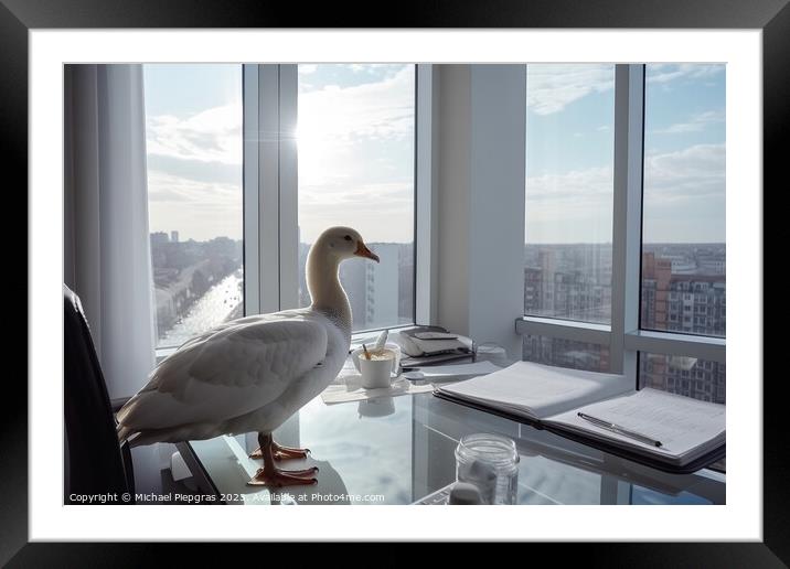 A goose with white feathers works hard at a desk in the office c Framed Mounted Print by Michael Piepgras