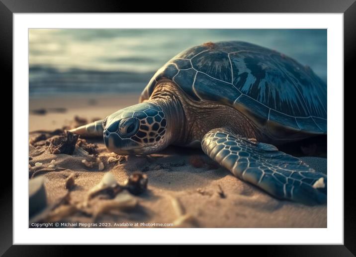 A large turtle drags itself onto a beach created with generative Framed Mounted Print by Michael Piepgras