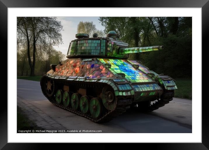 A military tank made of stained glas on a road created with gene Framed Mounted Print by Michael Piepgras